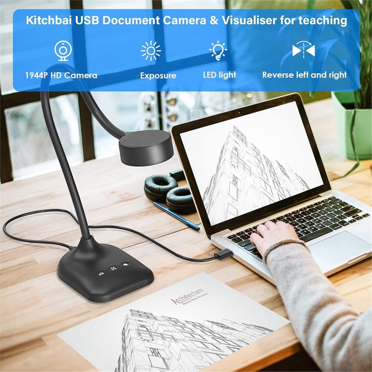 Photography Lighting Learning - AU47-USB-Dokumentenkamera, Dokumenten-Webcam mit Mikrofon, LED-Beleuchtung, Bildumkehr,